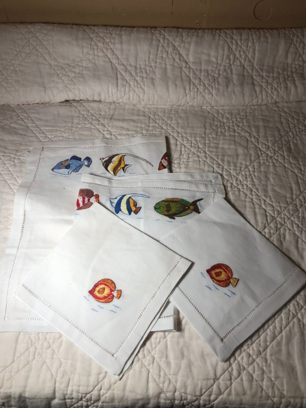 Linen Napkins & Placemats with Embroidered Fish, set of 2